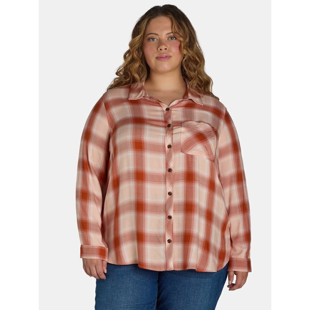 Terra & Sky Plus Size 1X 16 18 Plaid Long Sleeve Button Down Shirt Top Red